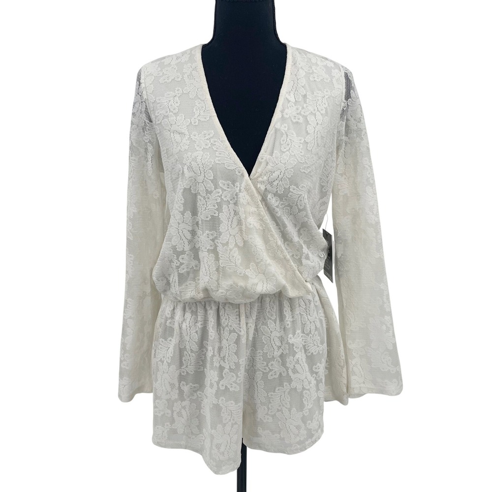 Express Womens Cream Off White Floral Lace Long Sleeve Romper V-Neck Size‎ M